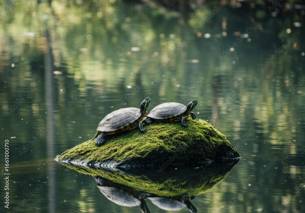 Fototapeta premium Two turtles bask on a mossy rock, enjoying the calm waters - a serene pair