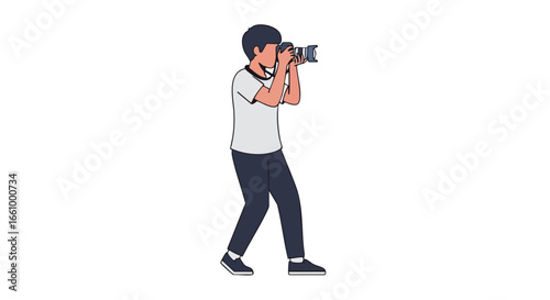 Cartoon depiction of a young photographer in action taking pictures with camera focused view of photographic scene