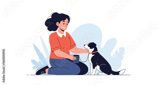 Woman training her dog with treats and affection, creating a special bond between pet and owner in a calm illustration style