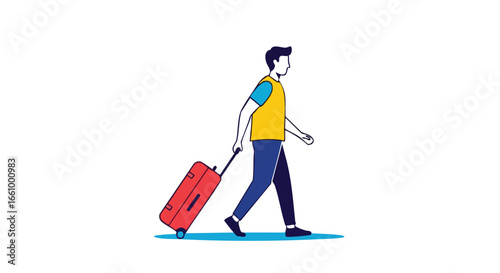 Stylized vector illustration of a man pulling a suitcase, isolated against a white background for travel advertisement and tourism promotion banner