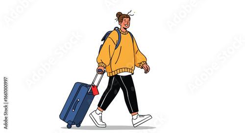 Cartoon traveller strides forward with suitcase, embracing modern travel with casual flair and anticipation for new adventures and experiences