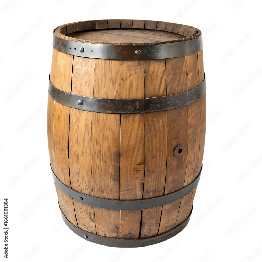 Fototapeta premium Aged Oak Barrel: Rustic Wooden Cask with Metal Bands isolated on transparent background