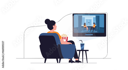Cozy evening watching movie at home with popcorn and soda, enjoying entertainment on a large screen in comfortable armchair