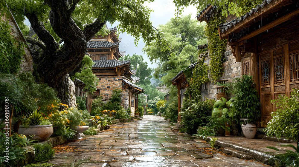 Fototapeta premium Tranquil Rainy Countryside Village Charming cobblestone path with lush greenery. Misty Green Fields in Rain Quiet Rural Homes Monsoon Season