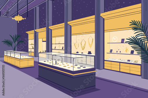 A bright jewelry shop interior with display counters.