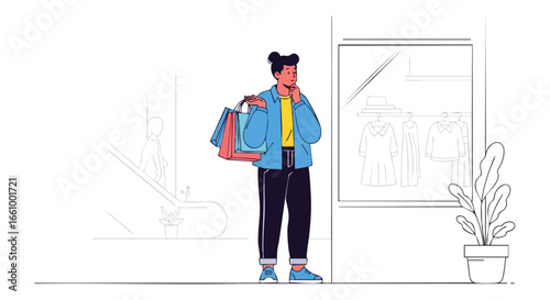 Woman contemplates window display with shopping bags, captured in a unique sketchy outline art style illustrating modern consumerism and personal