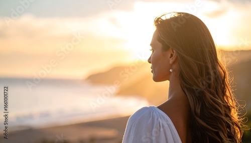 Woman gazing at sunset over ocean