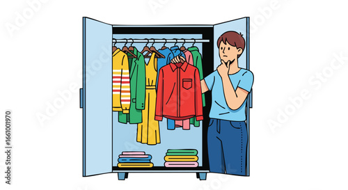 Cartoon Illustration of a Young Man Contemplating Outfit Choices from a Full Closet Displaying Various Clothes, Expressing a Moment of Reflection