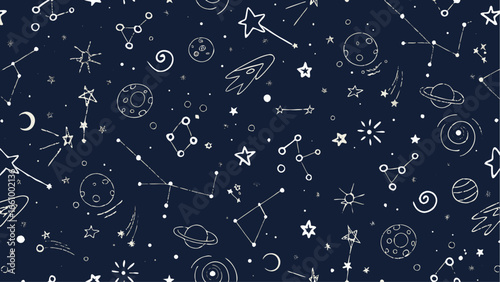 A celestial pattern with stars constellations planets and comets on a dark blue cosmic background design of space