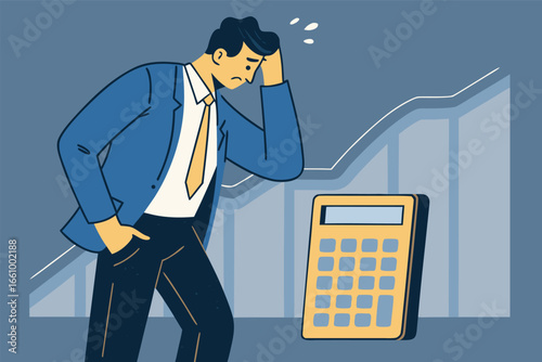 A stressed businessman in a suit, drenched in sweat, staring intently at a calculator screen showing 'ri'.