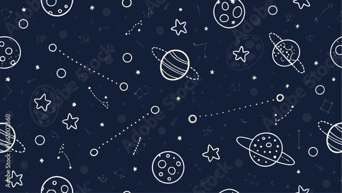A celestial pattern featuring planets stars and constellations on a dark blue space background design element