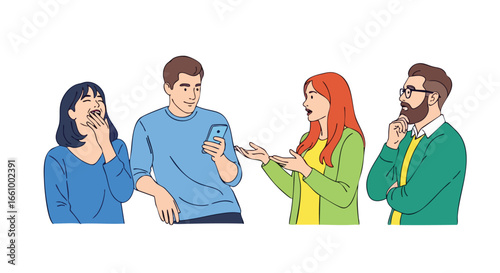 Diverse group conversing with smartphone adding modernity to dynamic social interplay and fostering engaging group interaction against a crisp