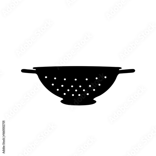 A black and white minimalist illustration of a kitchen colander or strainer