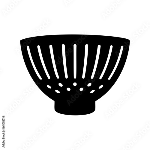 A stylized black colander with vertical slits and perforated holes design