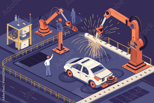 Car factory floor with sparks flying from robotic arm welding, industrial automation, high-tech assembly line, manufacturing, modern automotive production.