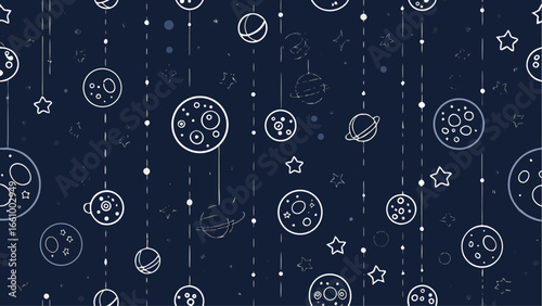 Seamless pattern featuring planets stars and dotted lines on a dark blue background space concept design