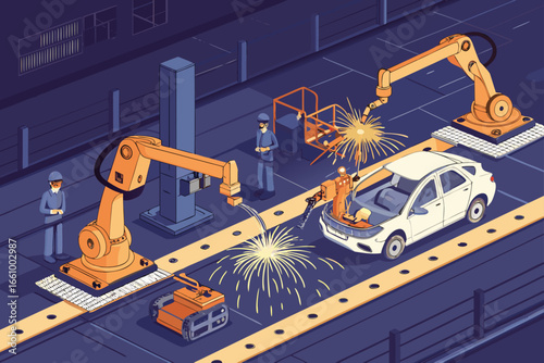 Futuristic car factory floor with sparks flying from robotic arms welding, manufacturing, automotive, production.