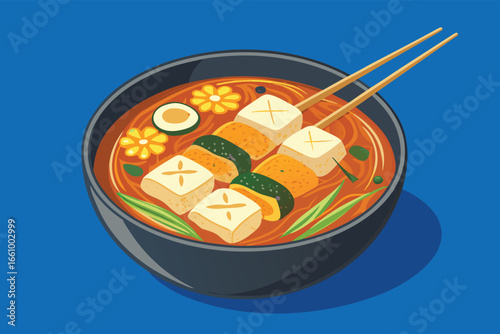 Delicious Korean fish cake soup (eomuk tang) with skewers, presented invitingly.