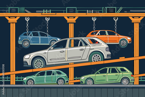 Automotive assembly line car frames suspended on overhead rail, factory setting.