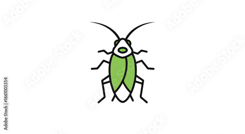 Cartoon-style graphic of a bright green insect.