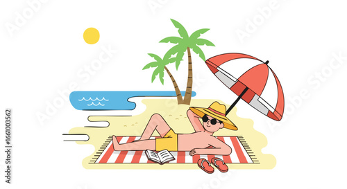Cartoon illustration of a man relaxing on a beach under an umbrella surrounded by serene coastal elements perfect for summer getaway vibes