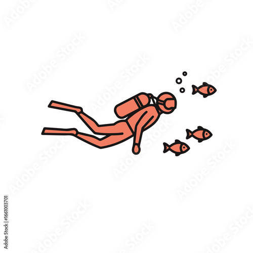 A scuba diver explores the depths of the ocean with playful fishes.