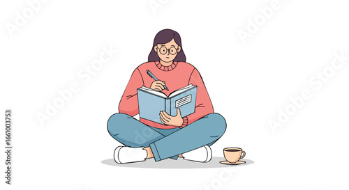 Illustration of a thoughtful girl writing in her journal while enjoying a cup of coffee, embracing creativity and relaxation in a cozy setting