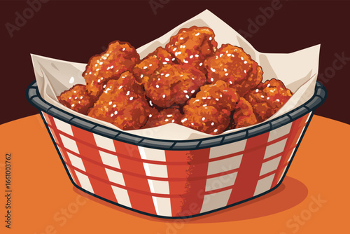 Basket of Korean fried chicken with chili sauce glaze.