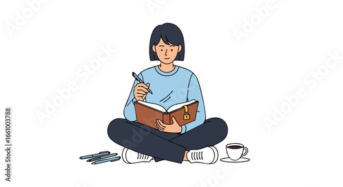 Illustration of a girl journaling while enjoying a cup of coffee in a relaxed position on a white background, ideal for creative content