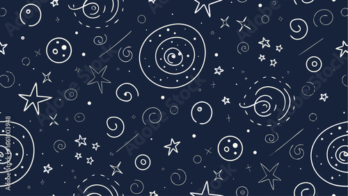 Seamless pattern of stars moons spirals and circles on a dark blue background perfect for textile design