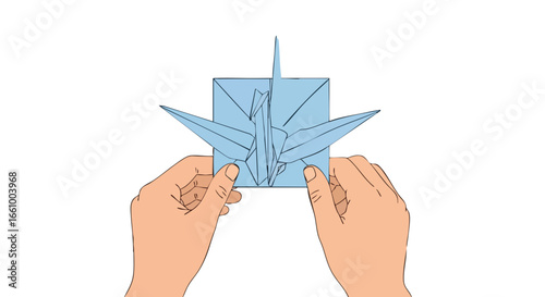 Hands crafting a paper bird figure, illustrating the art of origami and the joy of creative manual activities and traditions