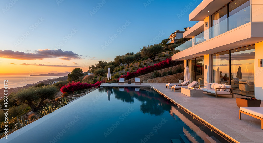 Obraz premium Luxury villa with infinity pool overlooking the sea at sunset