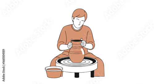 Focused potter shaping clay vase on spinning wheel, embracing the tactile artistry of ceramic creation and handmade art, expressing creativity