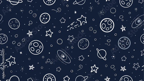Seamless pattern of hand drawn space elements including stars planets and galaxies on a dark blue background