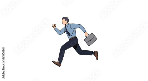 Urgent businessman in haste carrying briefcase illustration in motion sprinting forward on white background expressing velocity and determination