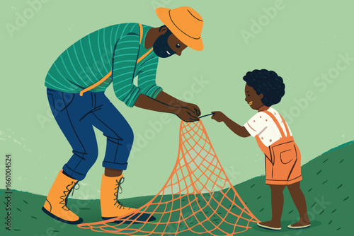 A heartwarming scene of a young child assisting their father in skillfully untangling a fishing net, demonstrating shared effort and patience.