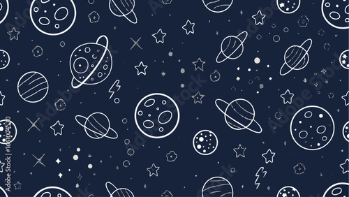 Illustration of a dark blue space background with planets stars and other celestial bodies in white outline