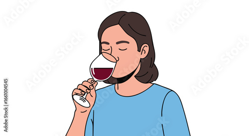 A serene moment depicted in a cartoon style, with a woman delicately savoring red wine from a stemmed glass, showcasing relaxation and subtle elegance