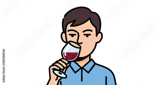 Animated man enjoying a glass of red wine with a relaxed expression on his face, set against a minimalist white background providing a clean and