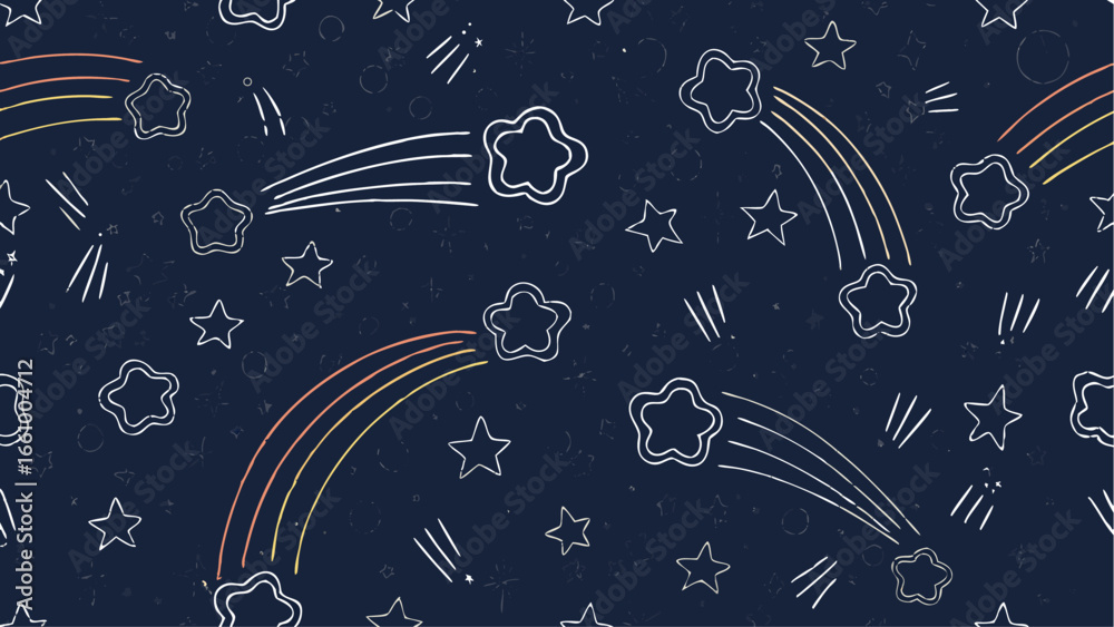 Whimsical night sky pattern with shooting stars and outlined stars on a dark blue background design style