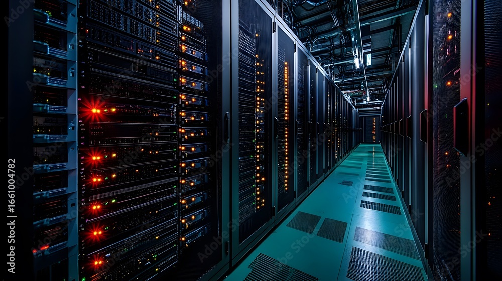 Fototapeta premium Server Racks and Cabinets full of Hard Drives in a Data Center.
