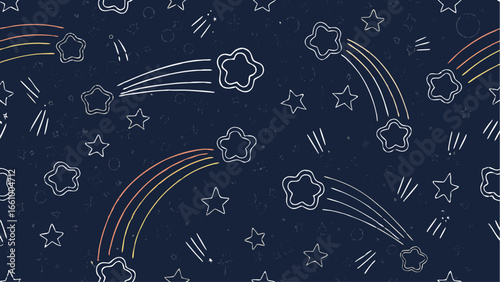 Whimsical night sky pattern with shooting stars and outlined stars on a dark blue background design style