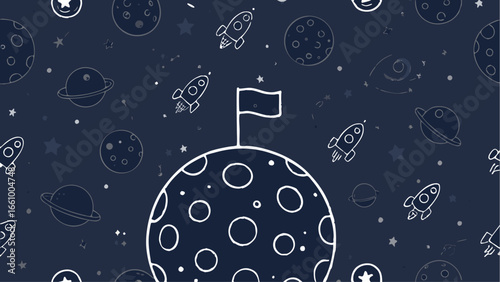 Illustration of space scene with planets, rockets, stars, and a flag planted on a moon surface