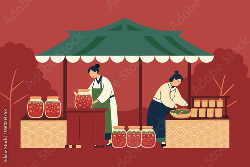 Vibrant Korean market with kimchi vendors.