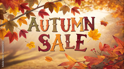 Autumn Sale Vector Illustration with Colorful Leaves Isolated on White Background