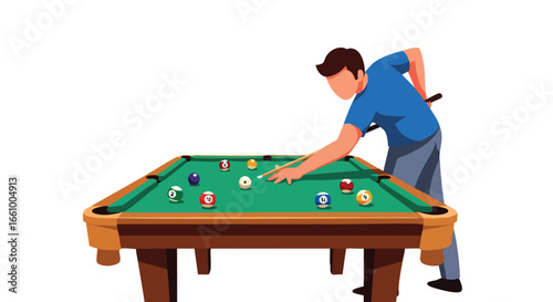 Focused billiard player aiming shot on pool table with colorful balls in a vibrant illustration of skill and strategy