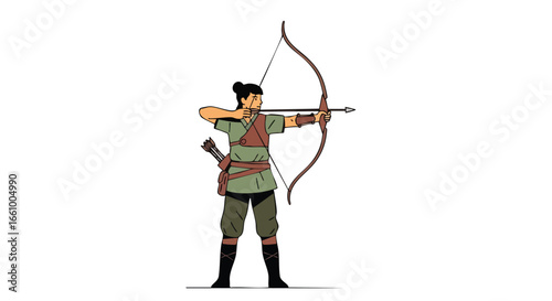 Focused archer in period costume aiming arrow with classic bow illustration style visualizes marksmanship and historical attire.