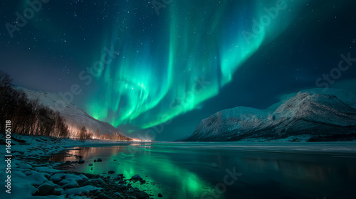 Northern lights aurora night sky mountain snow winter reflection landscape river tranquil northern lights illuminate night sky above snowy