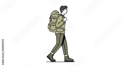 A cartoon styled illustration of a man walking with a large backpack ready for adventure outdoors or travel purposes