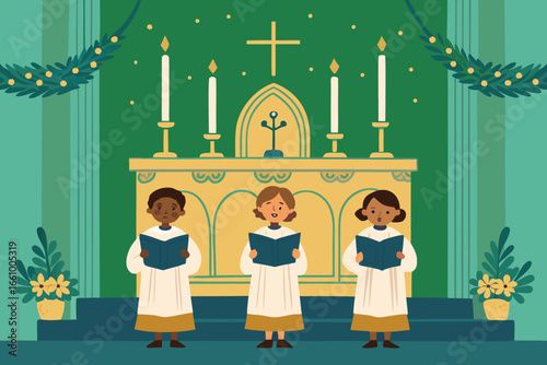 Joyful children choir performing uplifting gospel music before a richly decorated altar, bathed in soft light.